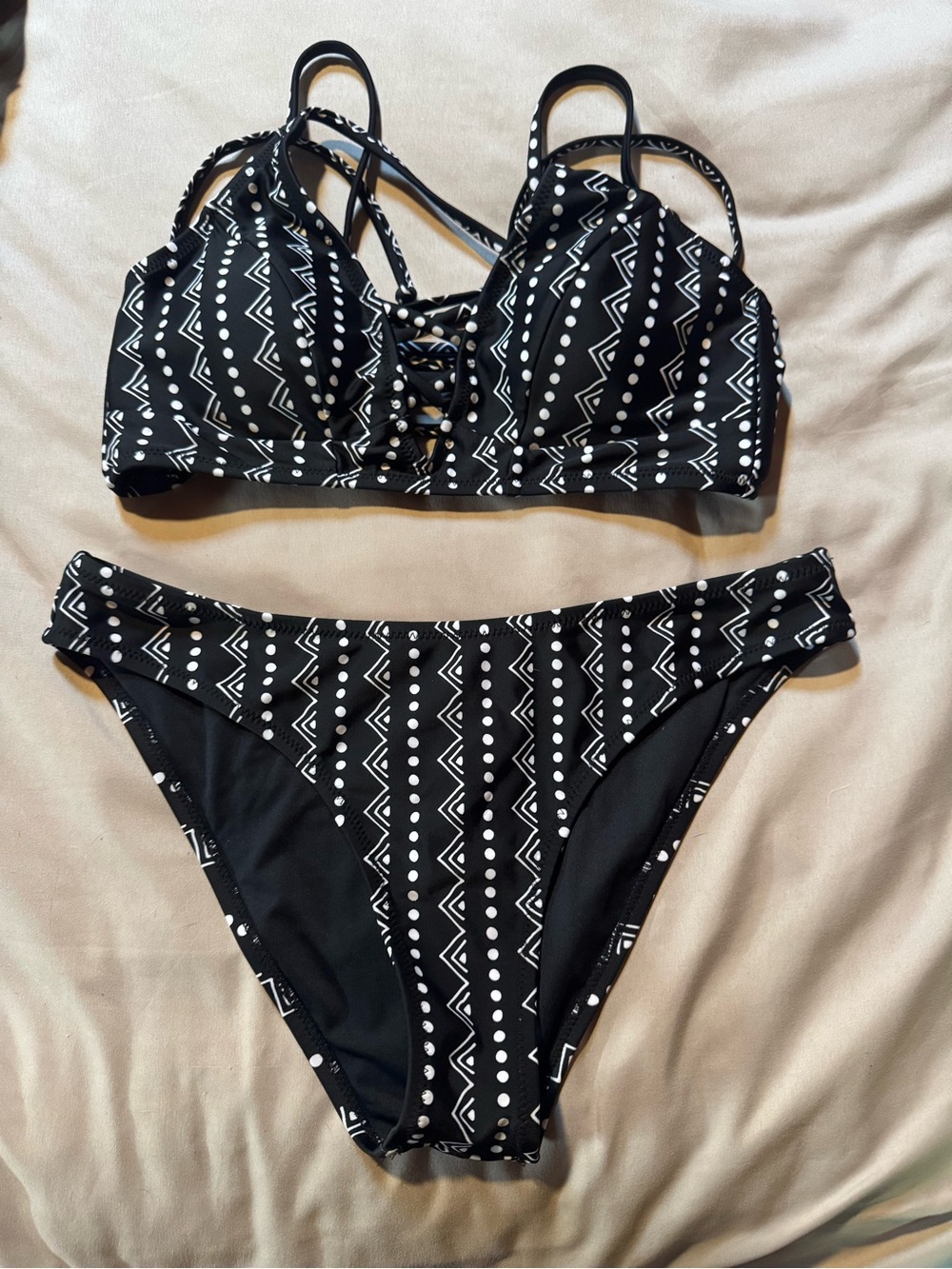 Black & White Patterned Lace-Up Bikini Set - Women's Swim